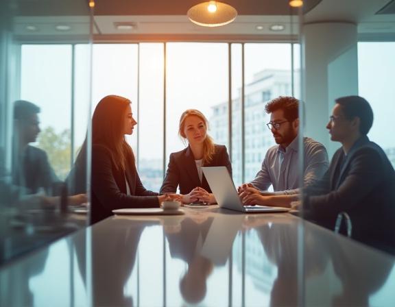 A diverse group of professionals in a collaborative meeting at the Penumbra People office, discussing strategies in a bright, modern setting.